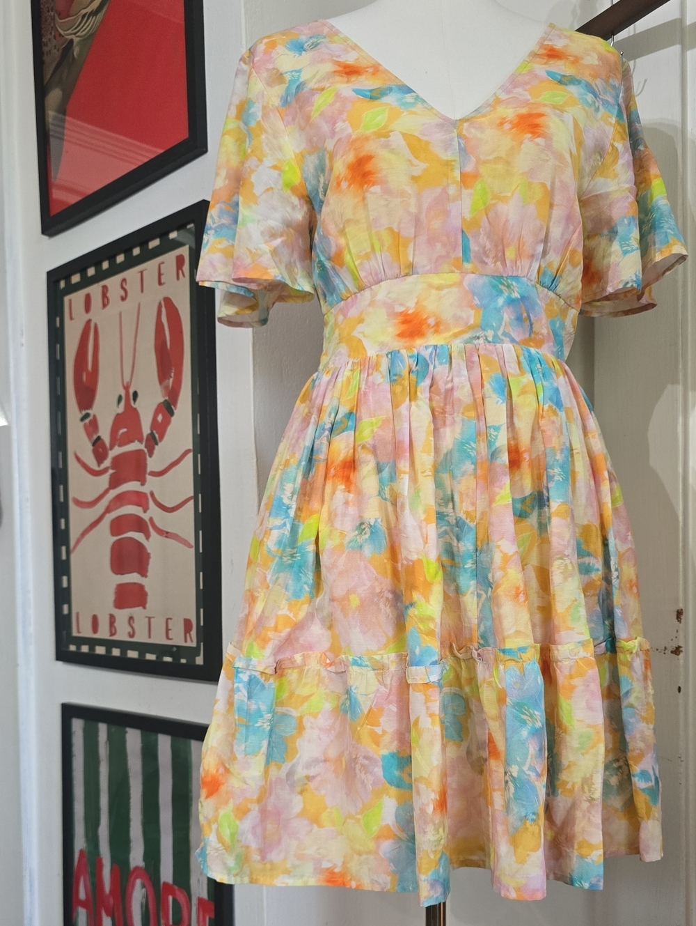 Roller Rabbit Pastel Floral V-Neck Cotton Dress in Yellow, Blue, Pink